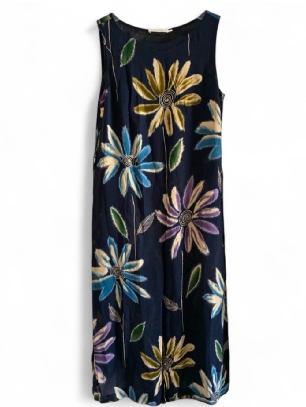 Vintage Patrick Gerard Sleeveless Navy Maxi Dress with Multicolor Floral Print